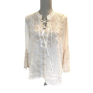 COPY - JOHNNY WAS Prairie Peasant Blouse l Embroidered White Blouse l 0780
